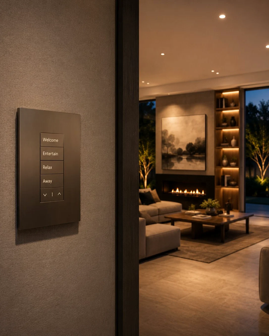 Lutron keypad with Welcome, Entertain, Relax and Away scenes beside a fireplace-lit living room at dusk