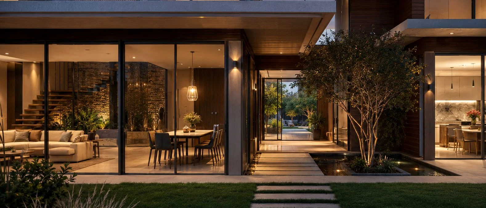 Open-plan living room with automated blinds lowered in sync and a layered smart lighting scene