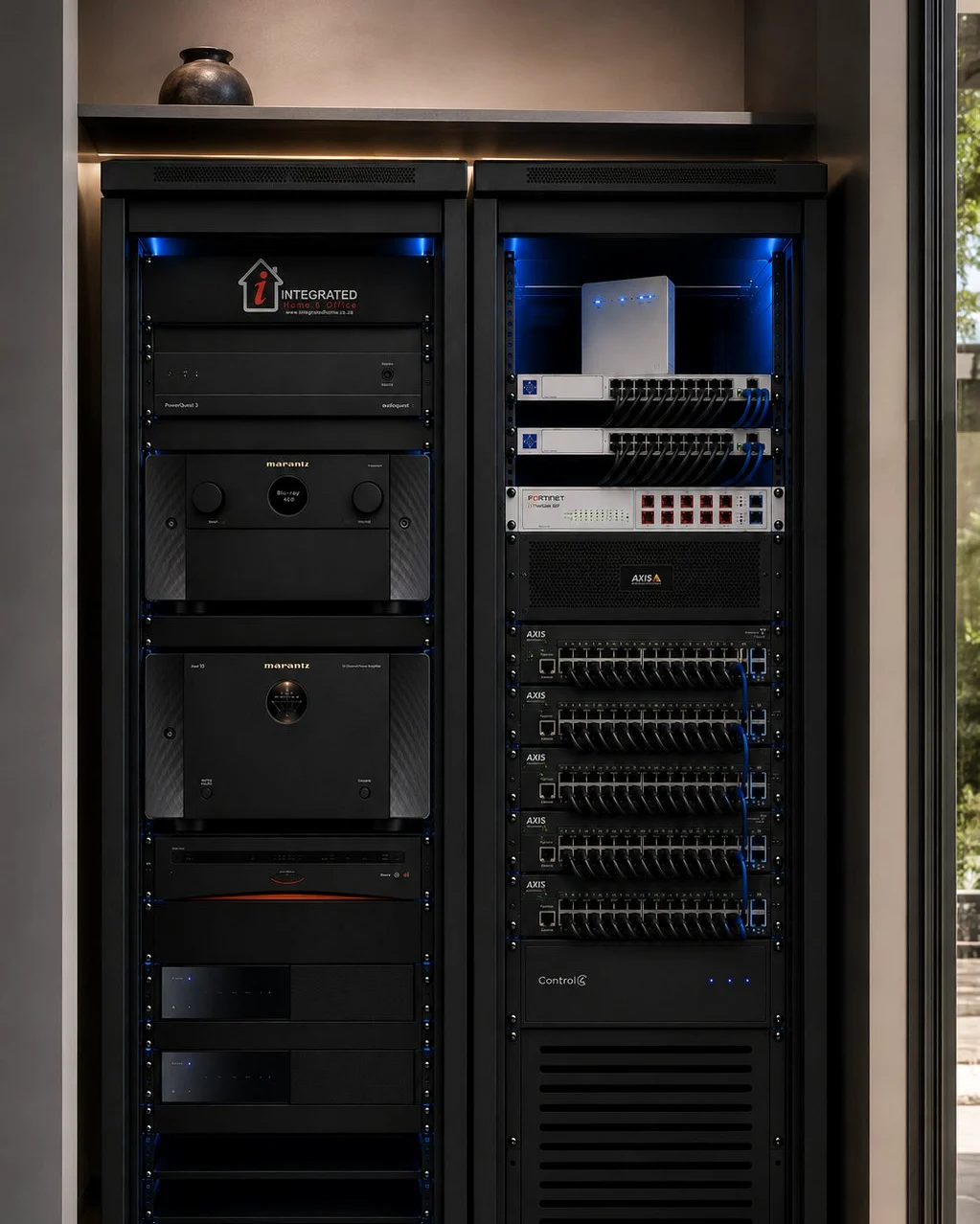 Integrated Home & Office equipment rack with dressed cabling, Marantz amplification, Control4 and network switches