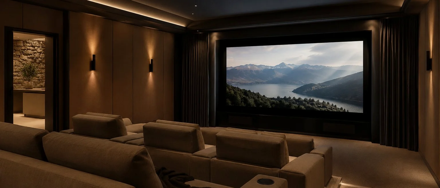 Private home cinema with acoustic walls, star ceiling and crimson step lighting