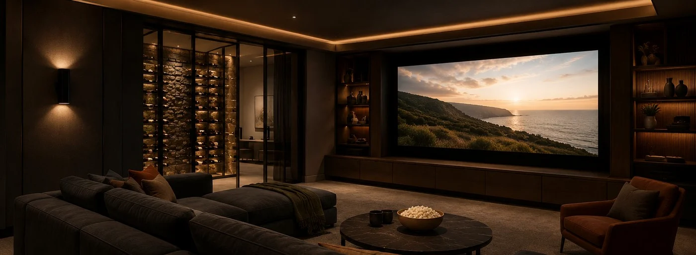 Media lounge with flush-mounted television and automated sheer curtains