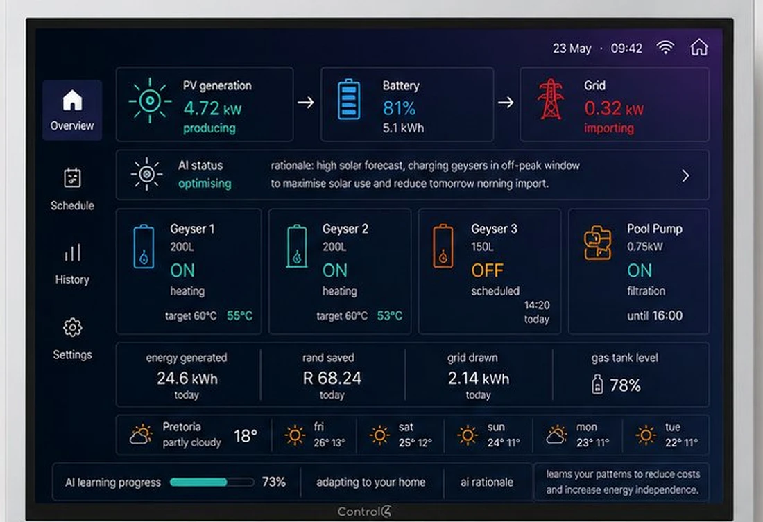 Control4 energy dashboard showing live solar generation, battery, geyser control and AI optimisation