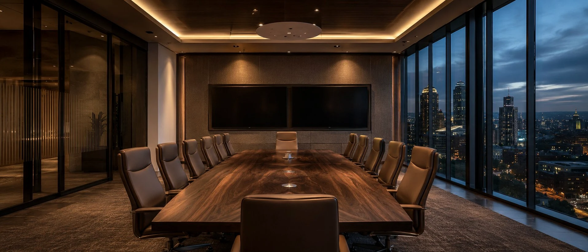 Executive boardroom with dual displays overlooking the Sandton skyline at dusk