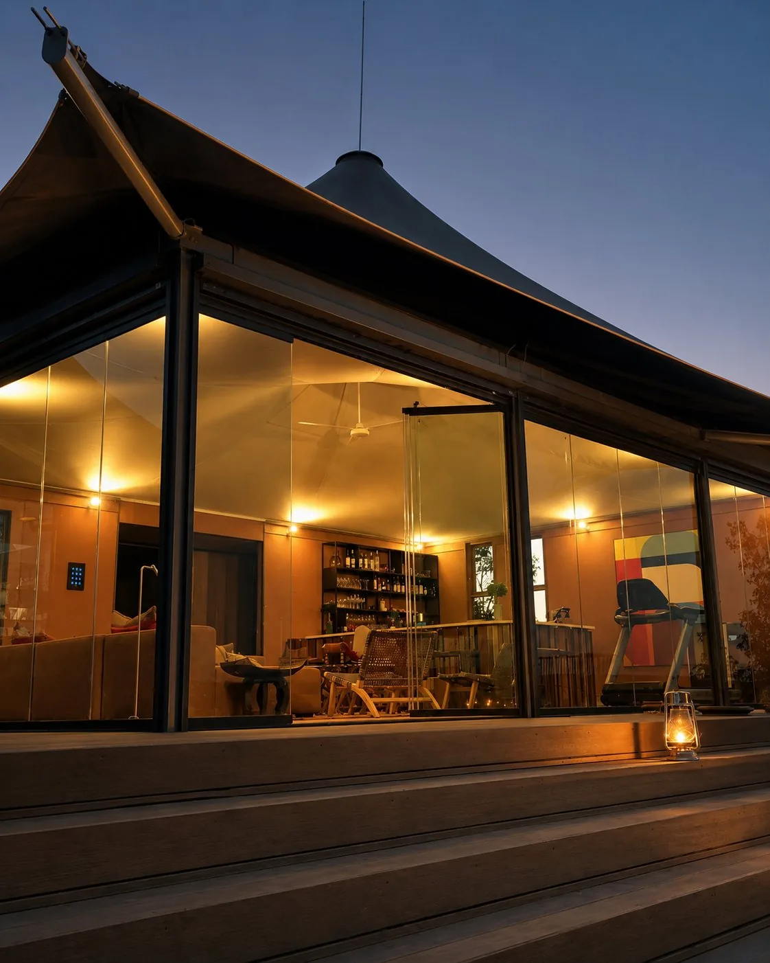 Glass-walled lodge building at Noka Camp glowing at dusk