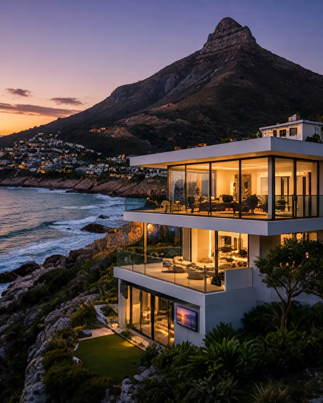 Multi-level luxury residence on Cape Town's Atlantic Seaboard at dusk