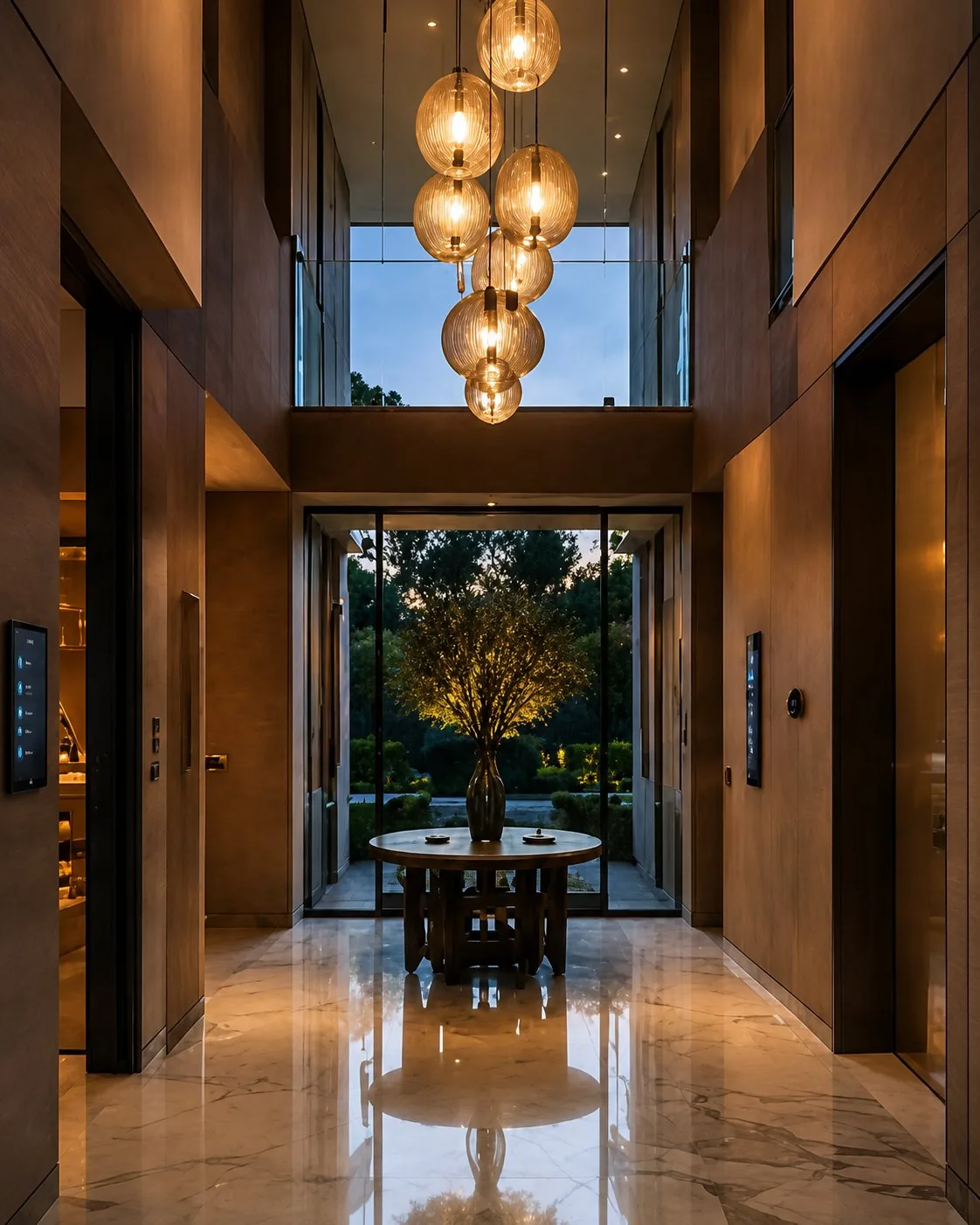 Double-volume entrance hall with sculptural pendant lighting in a luxury estate home