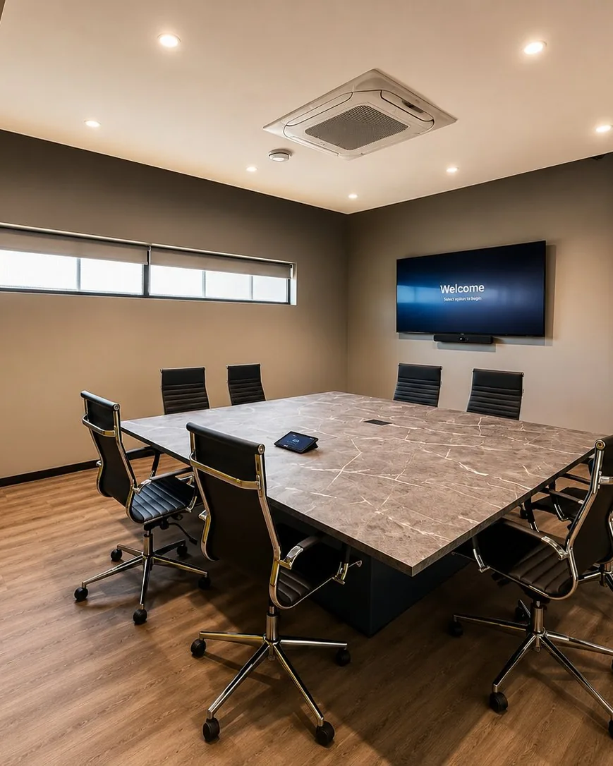 Executive boardroom with marble conference table, ergonomic chairs and wall-mounted Crestron conferencing display