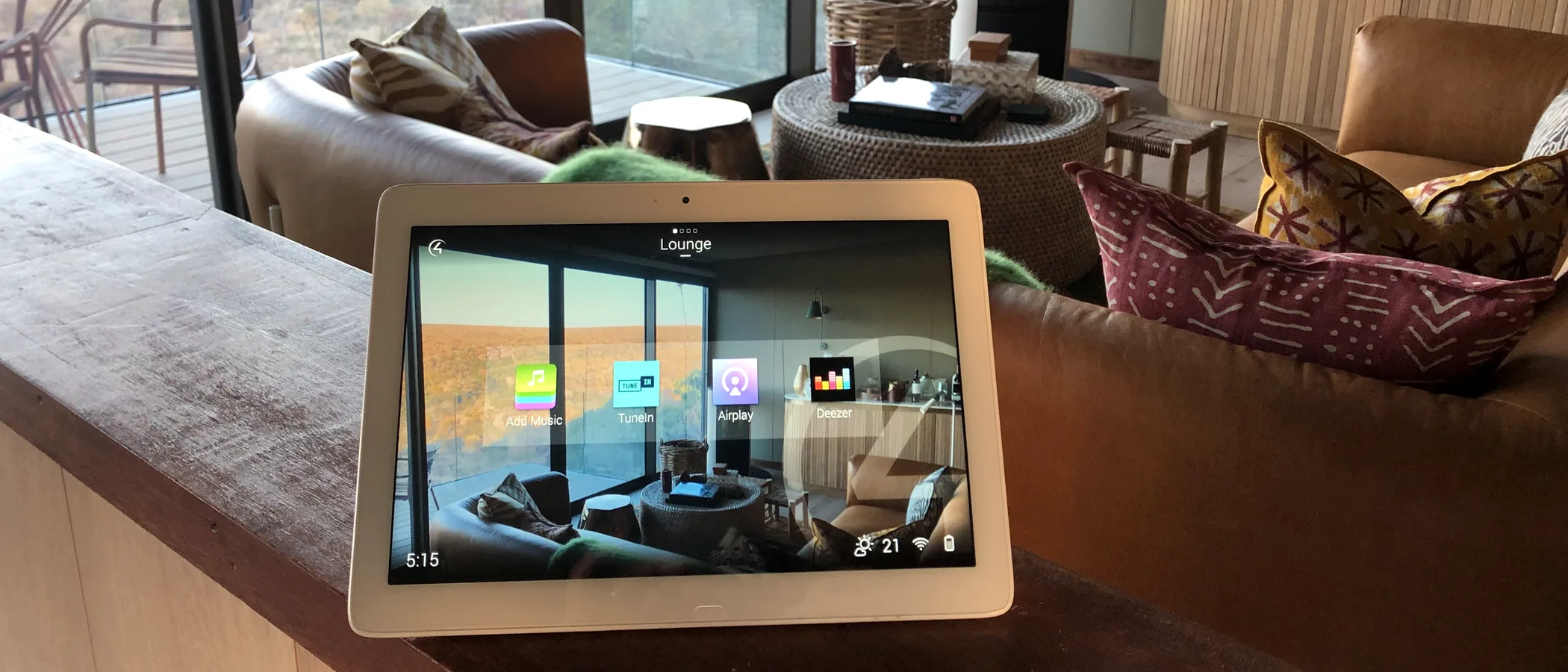 Control4 touchscreen controlling the lounge at Noka Camp, Lapalala Wilderness