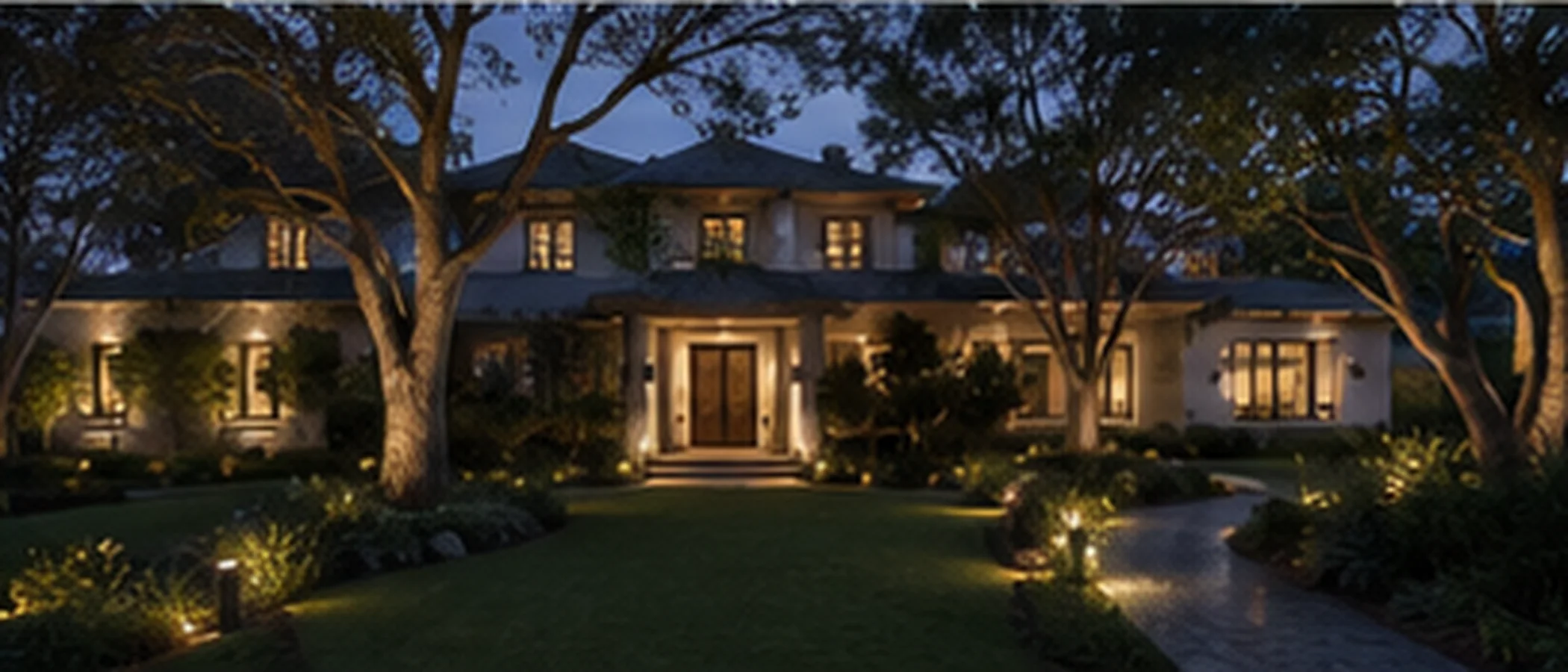 Luxury home in Johannesburg's northern suburbs with warm automated lighting at dusk