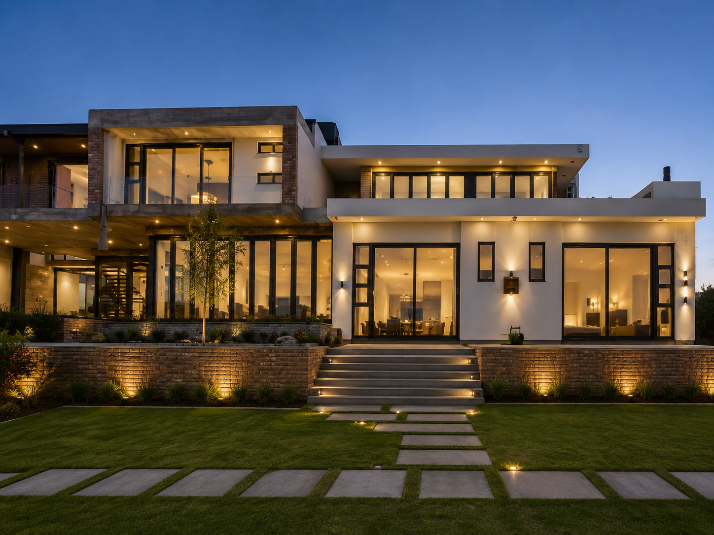 Blair Atholl residence — dusk exterior with lit garden path and brick retaining wall