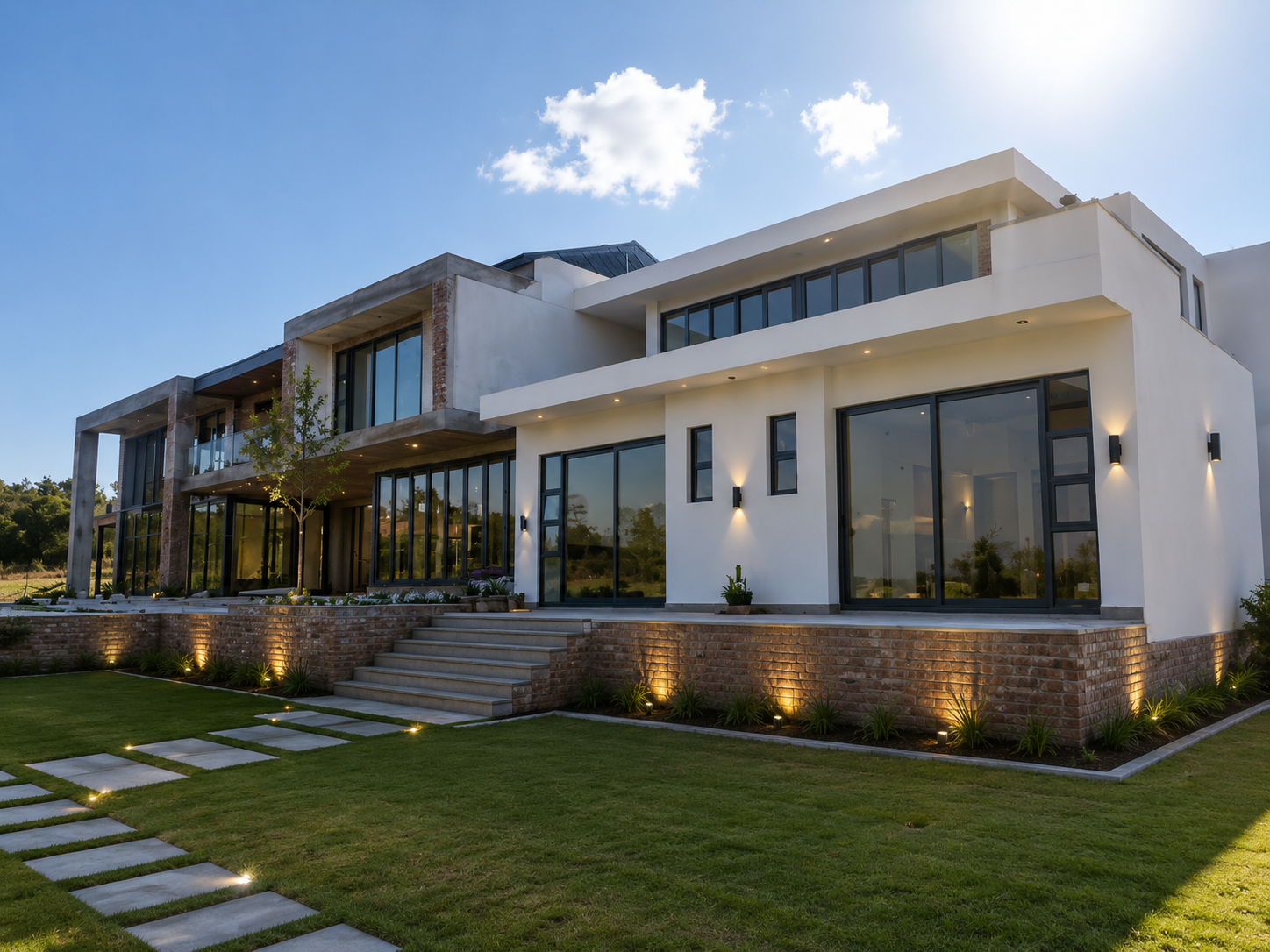 Blair Atholl residence — daytime exterior showing brick plinth and glazed facades
