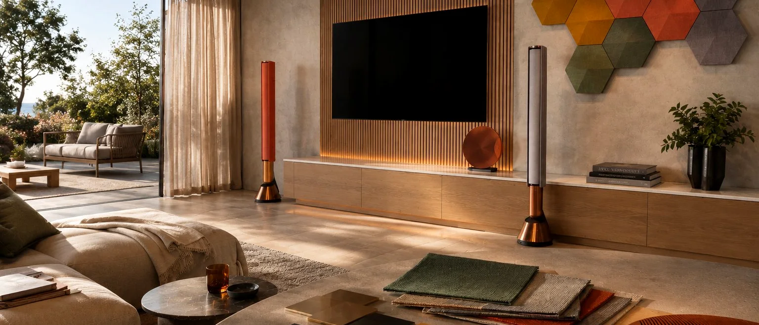 Bang & Olufsen Custom living space with bespoke Beolab speakers and acoustic wall panels