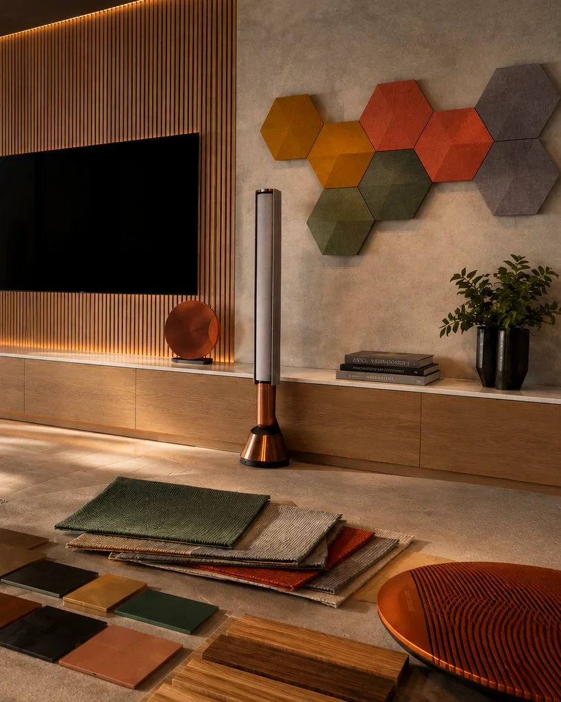 Bang & Olufsen Beolab speakers in custom finishes beside acoustic hexagon panels