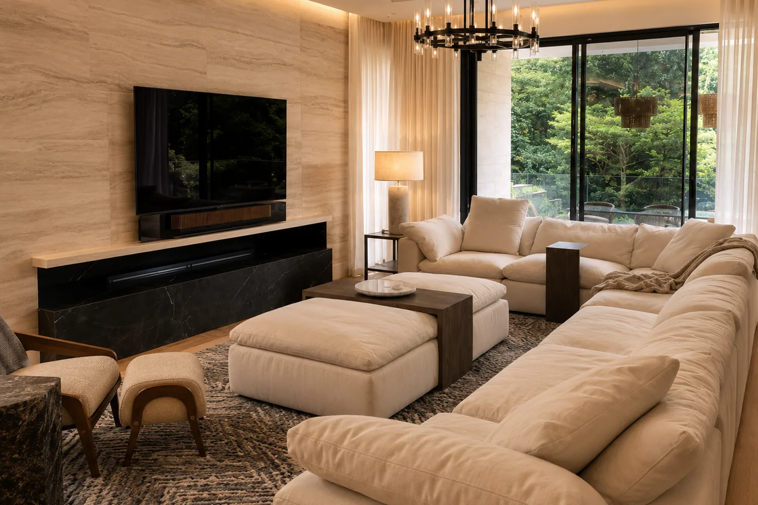 Living room at the Nairobi residence with a wall-mounted television, Bang & Olufsen soundbar and integrated lighting