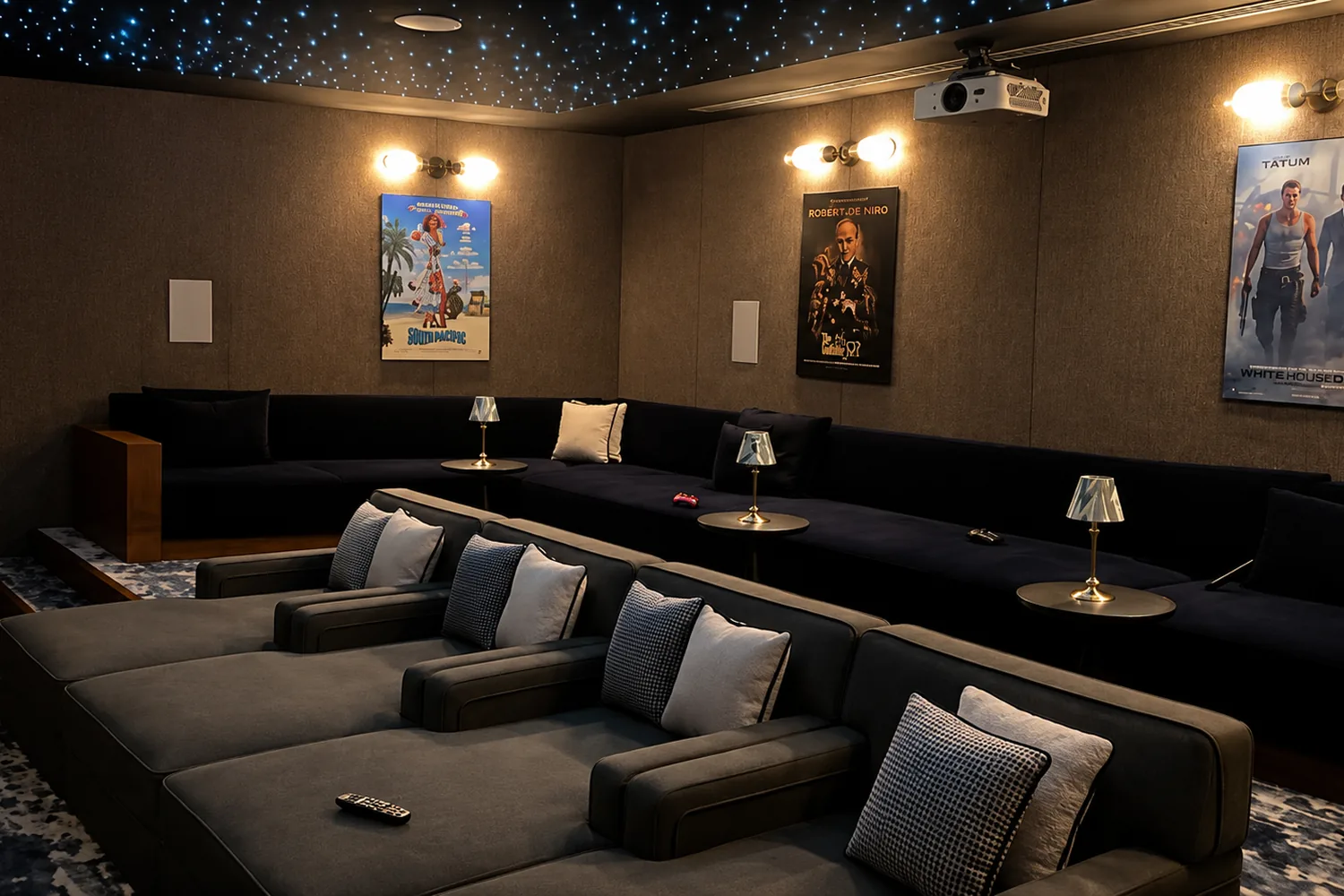Tiered seating in the Nairobi residence cinema beneath a starlit ceiling