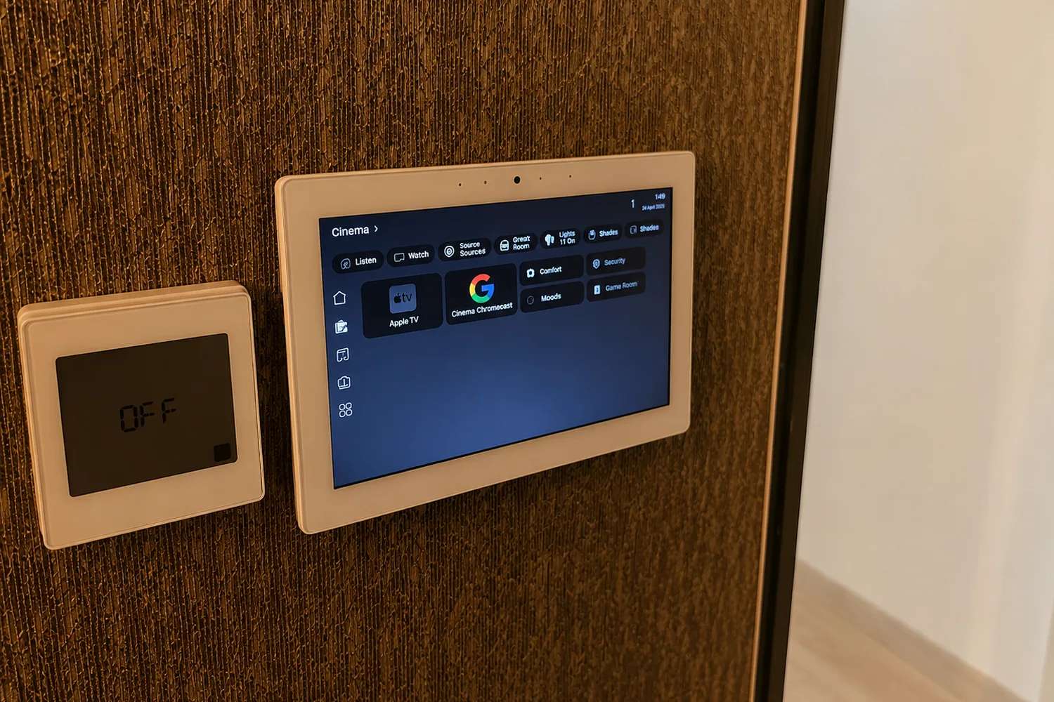 Control4 in-wall touchscreen showing the cinema control page beside a Lutron keypad