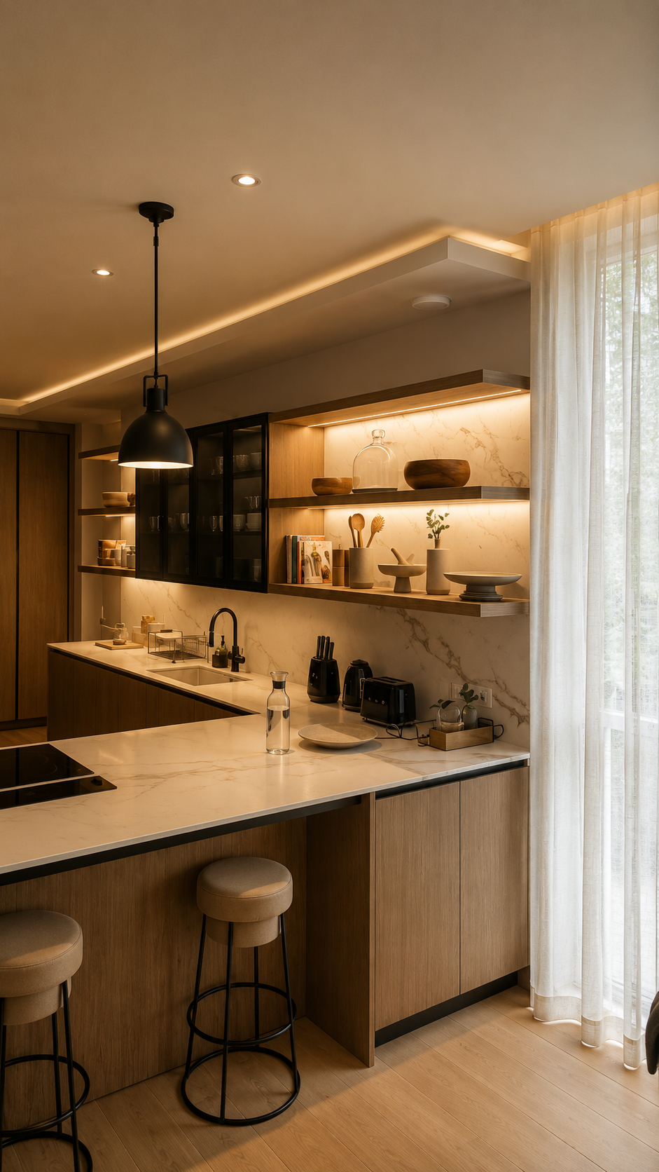Nairobi Residence kitchen — warm architectural lighting, LED cove, under-shelf strips and Lutron-controlled pendant