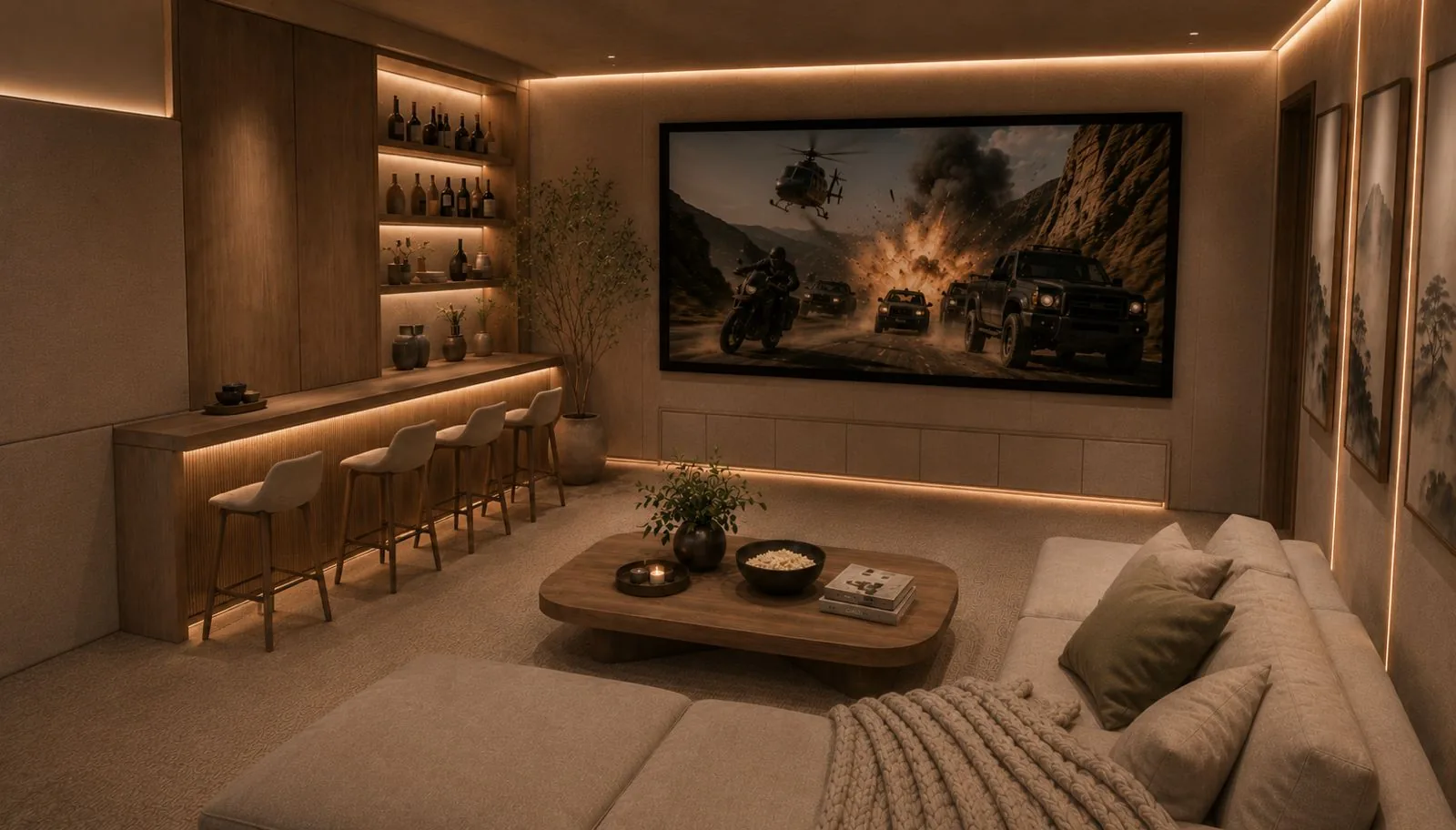 Design render of the Heldefontein private cinema — acoustically transparent screen, lounge seating and concealed lighting