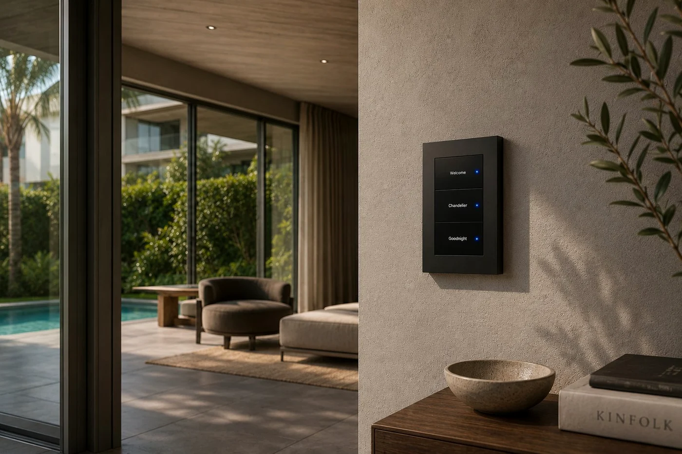 Control4 keypad with engraved Welcome, Chandelier and Goodnight scenes in a luxury interior