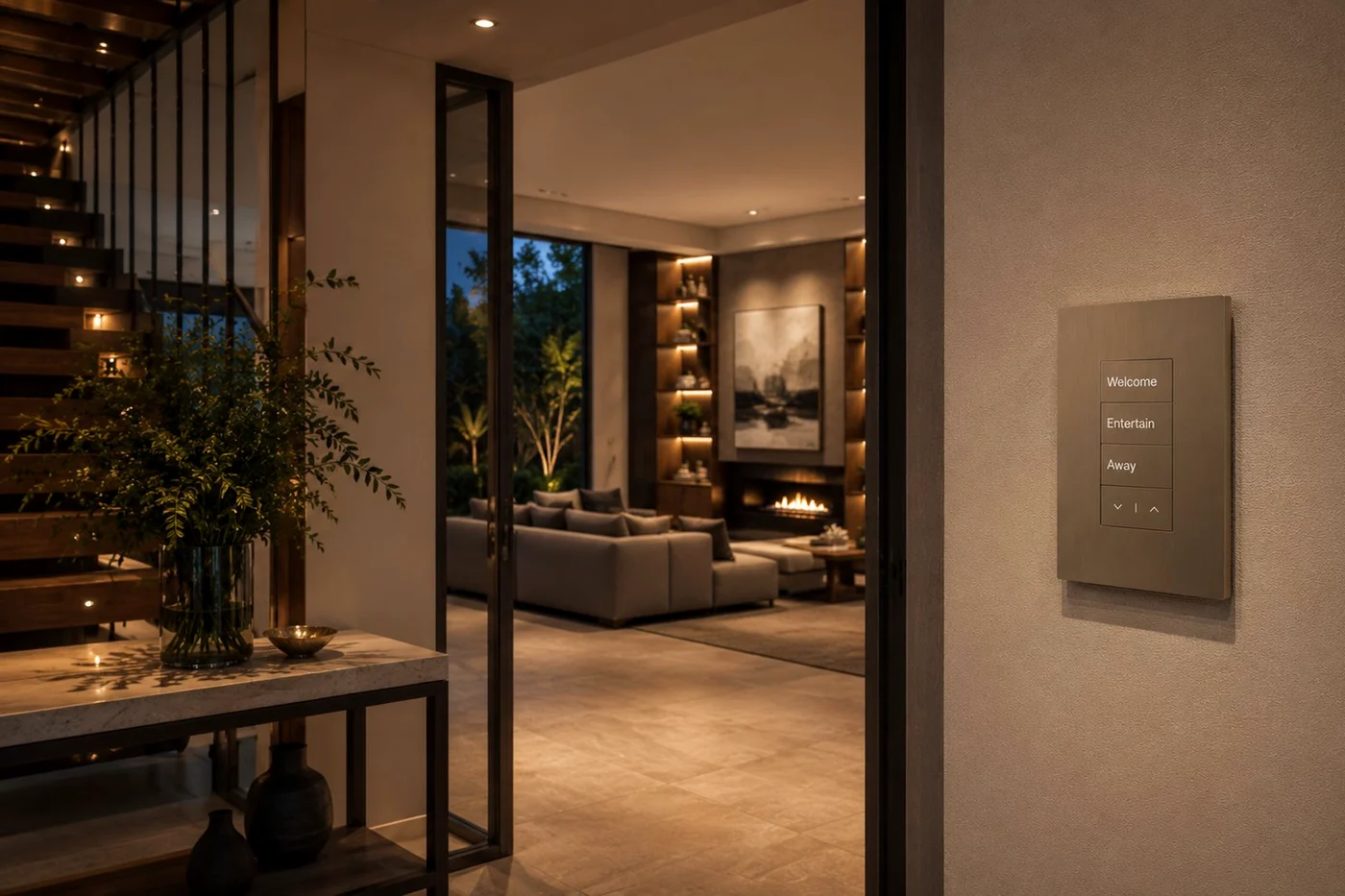 Lutron Palladiom brass keypad with engraved Welcome, Entertain, Relax and Away scenes