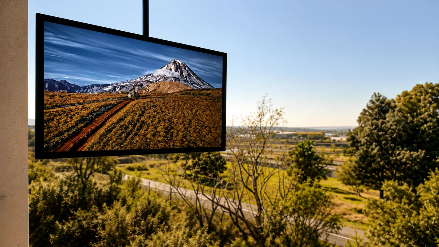 Skye HD Splash Screen outdoor display ceiling-mounted on a covered patio overlooking a garden landscape